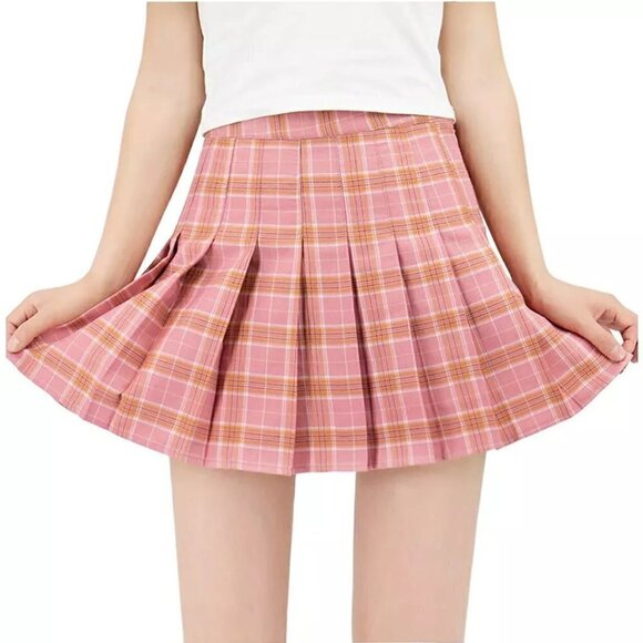 boutique Dresses & Skirts - Women's Peach Plaid Pleated Japan School Girl Circle Skater Skirt w/ Shorts